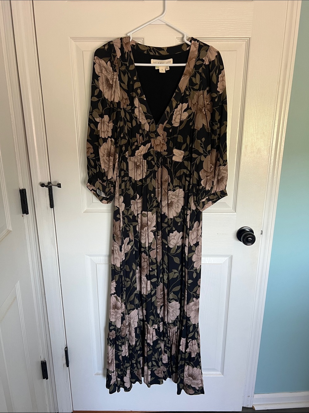 Saltwater Luxe Floral V-Neck Long Sleeve Maxi Dress - Black and Taupe